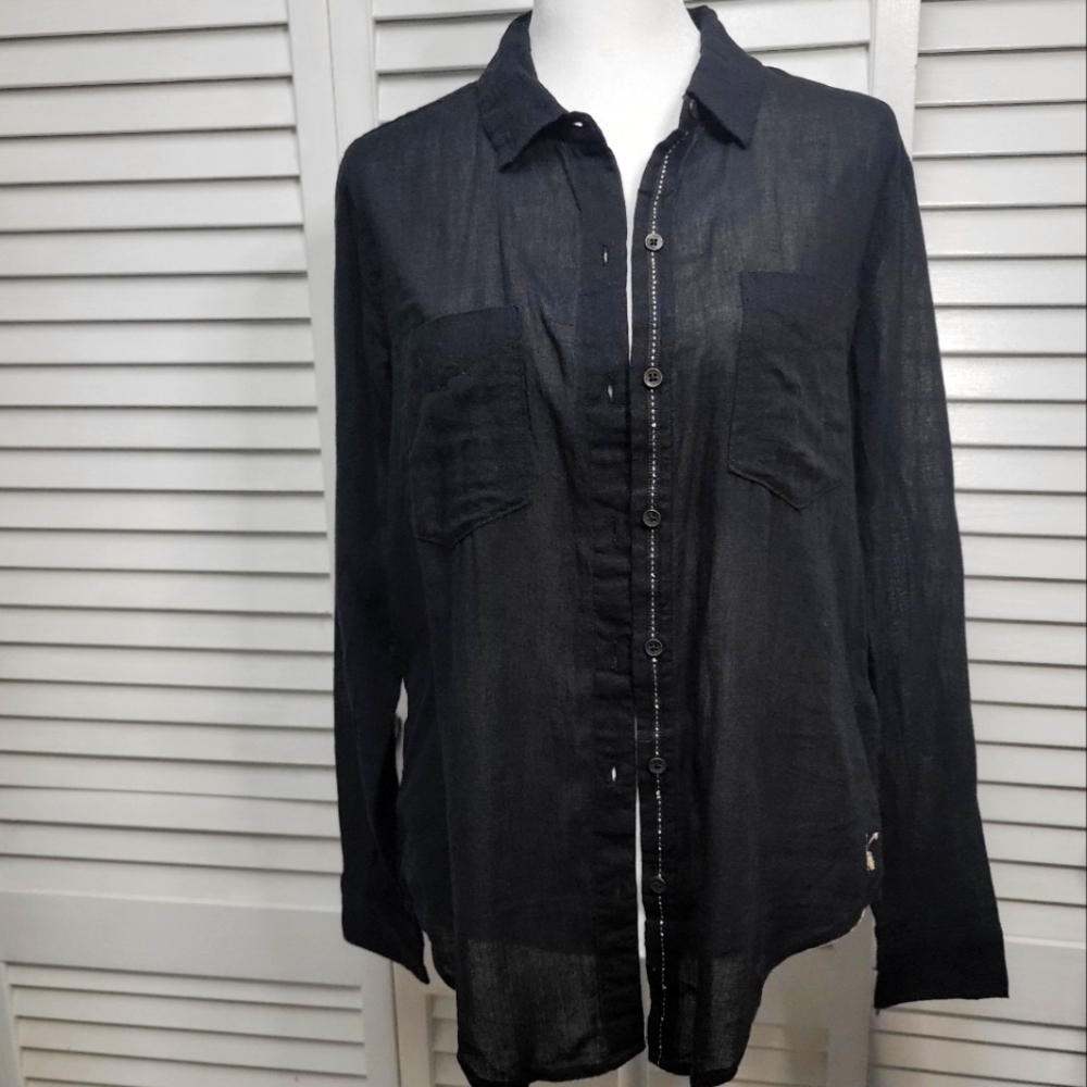 NWT Lucky Brand SZ SM Black Long Sleeve Button Down Cotton Gold Metallic Detail